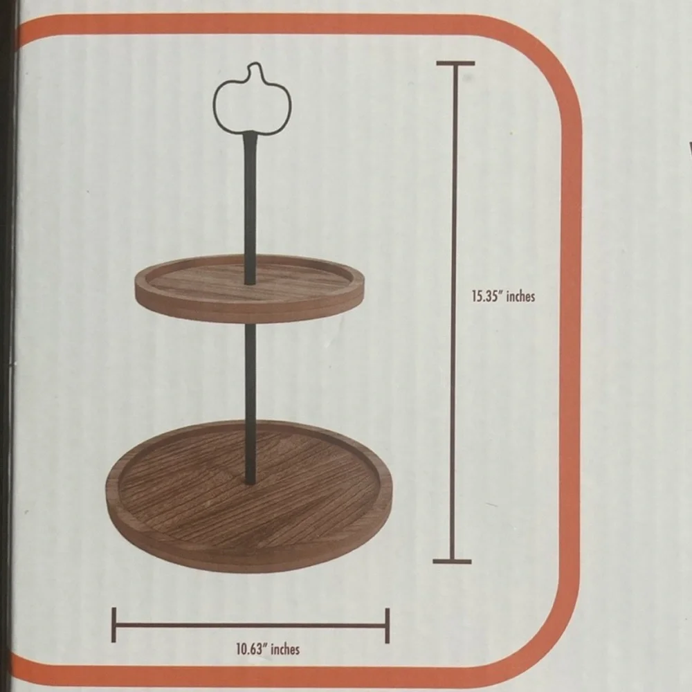 BNIB- Beautiful Decorative Two Tier Wooden Tray w/ Metal Pumpkin Topper
